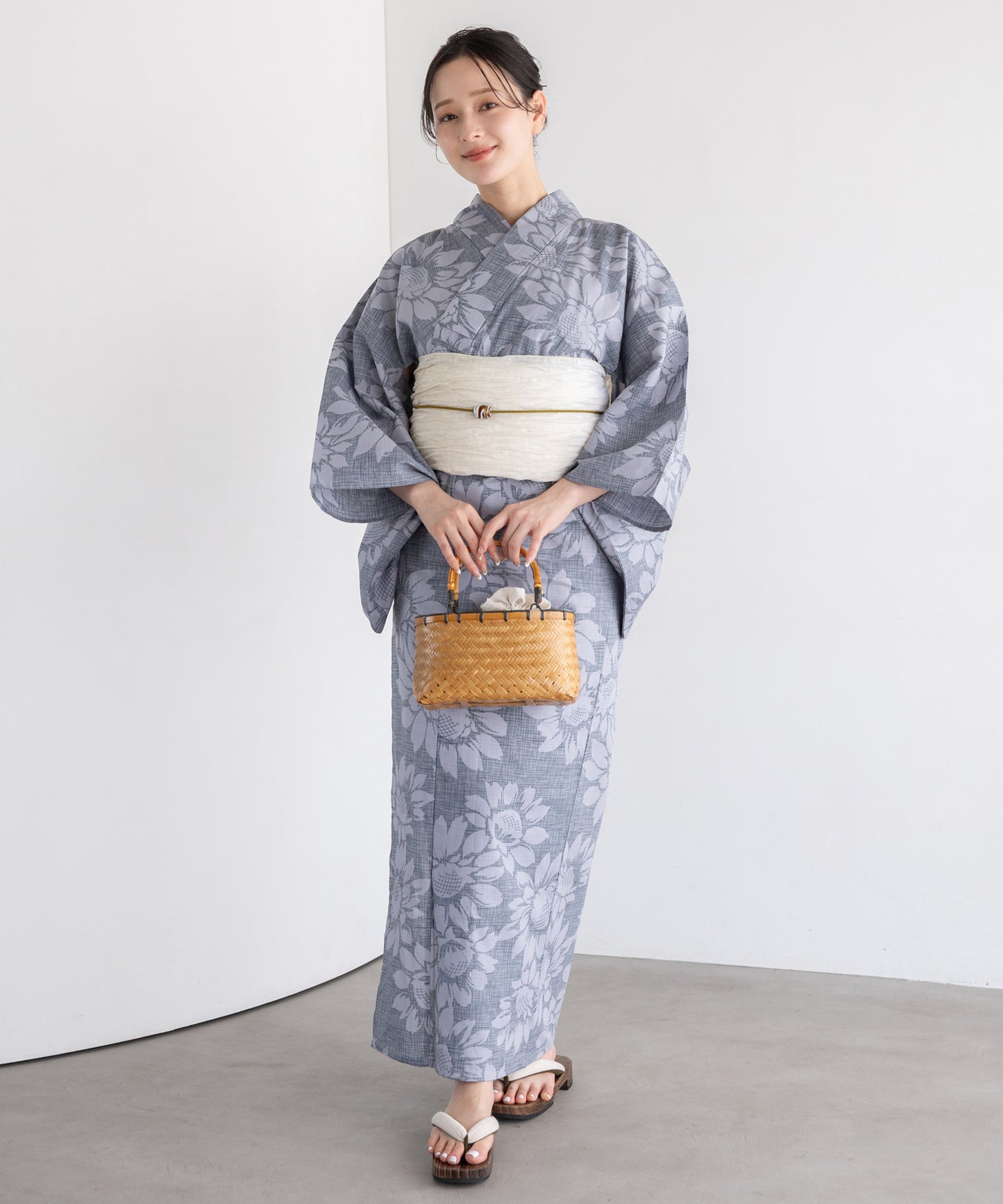 静景の向日葵 こだわり浴衣5点セット (浴衣/帯/下駄/腰紐/着付け冊子) 変わり織生地