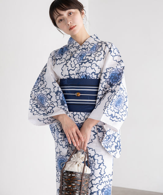 清藍の花重ね こだわり浴衣5点セット (浴衣/帯/下駄/腰紐/着付け冊子) 変わり織生地