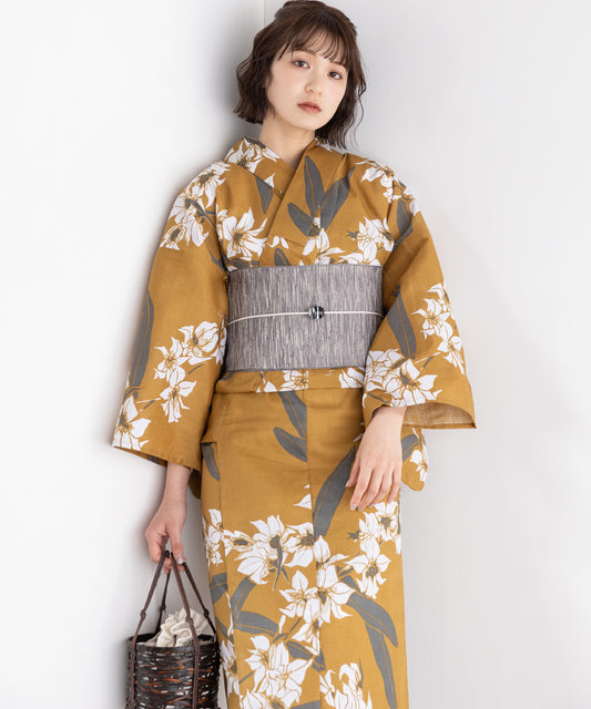 芥子色に白蘭 こだわり浴衣5点セット (浴衣/帯/下駄/腰紐/着付け冊子) 変わり織生地
