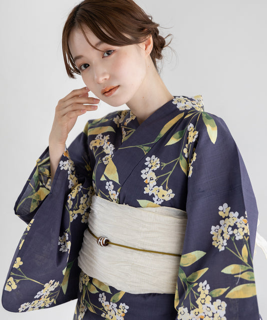 白花の紺景 こだわり浴衣5点セット (浴衣/帯/下駄/腰紐/着付け冊子) 変わり織生地