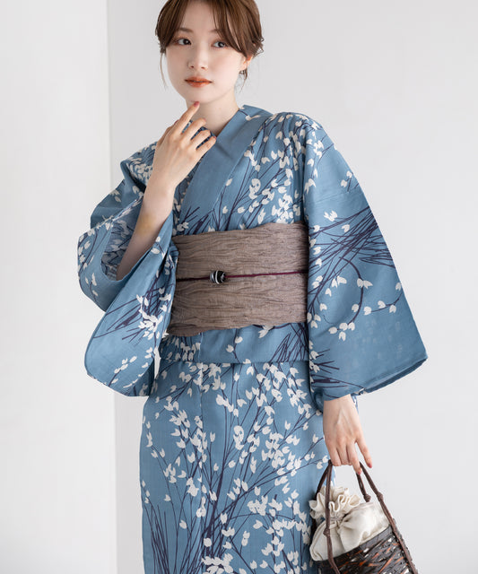 白小花の涼景 こだわり浴衣5点セット (浴衣/帯/下駄/腰紐/着付け冊子) 変わり織生地