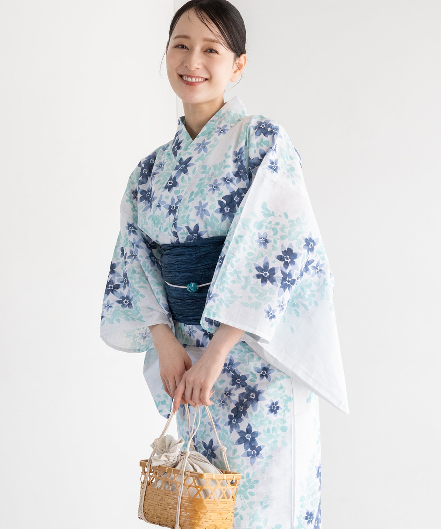 淡青花景 こだわり浴衣5点セット (浴衣/帯/下駄/腰紐/着付け冊子) 変わり織生地