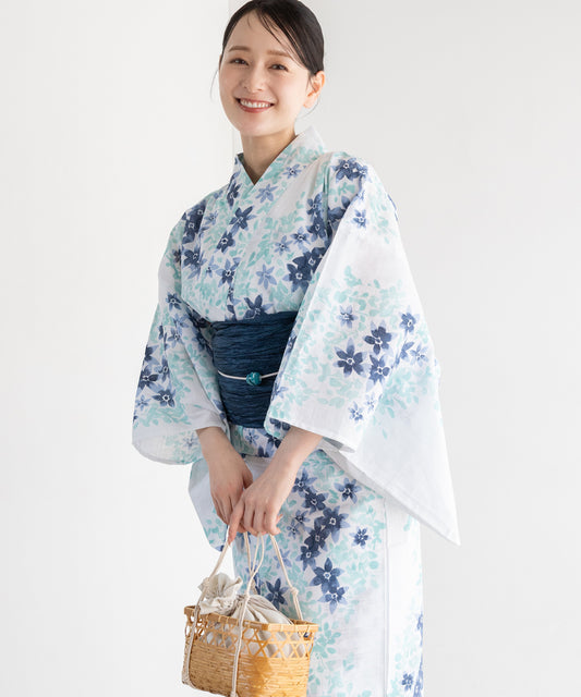 淡青花景 こだわり浴衣5点セット (浴衣/帯/下駄/腰紐/着付け冊子) 変わり織生地