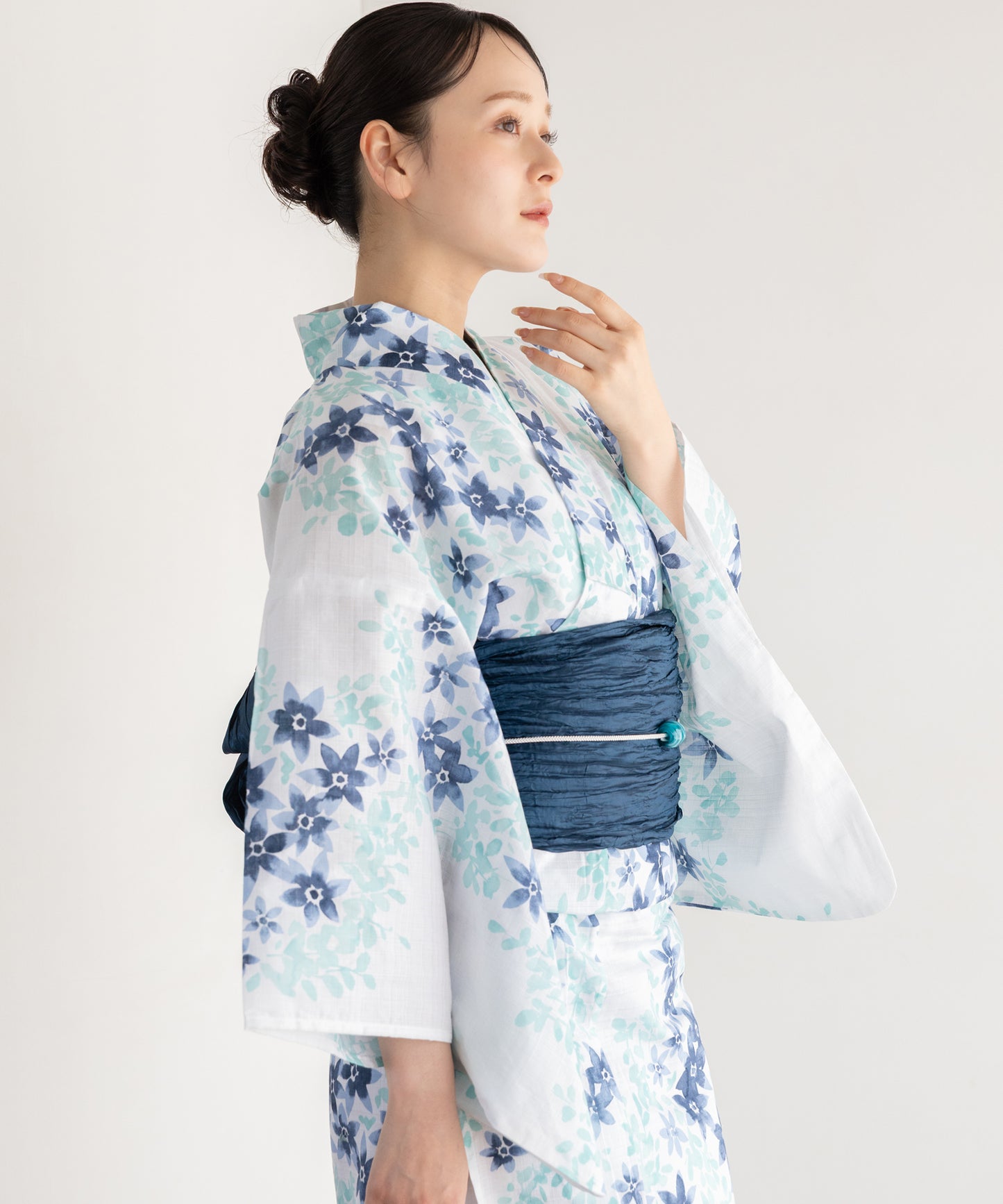 淡青花景 こだわり浴衣5点セット (浴衣/帯/下駄/腰紐/着付け冊子) 変わり織生地