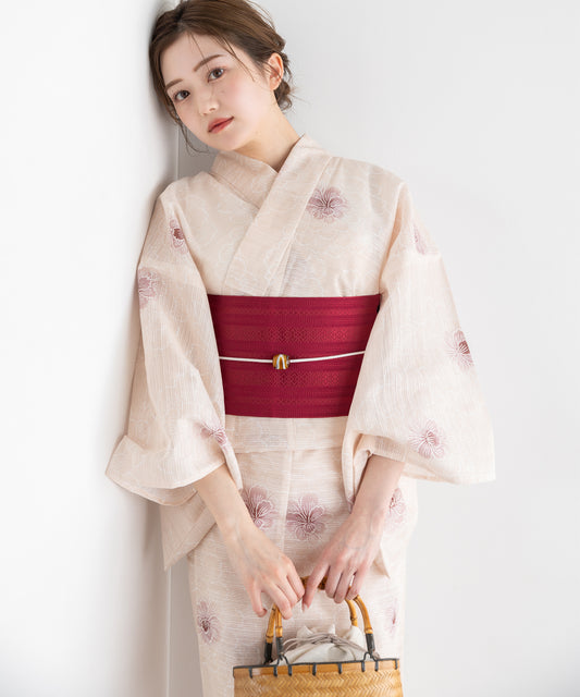 薄桜色に牡丹 こだわり浴衣5点セット (浴衣/帯/下駄/腰紐/着付け冊子)