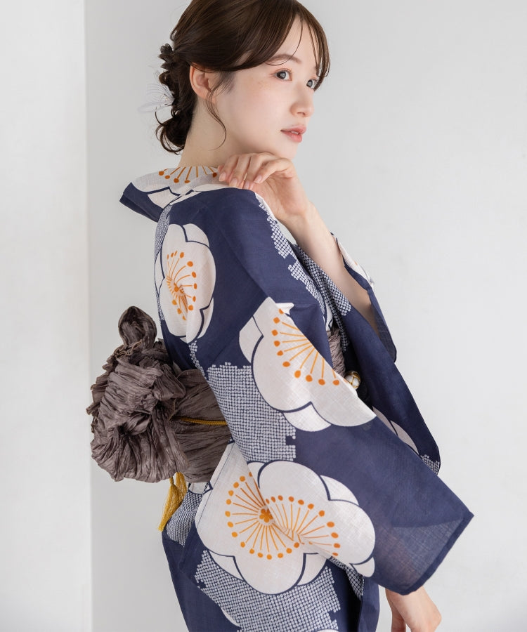 青紺の梅づくし こだわりセパレート浴衣５点セット (セパレート上・下/帯/下駄/着付け冊子)