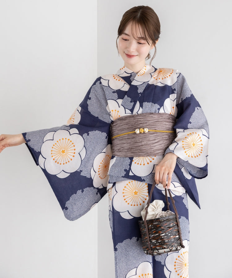 青紺の梅づくし こだわりセパレート浴衣５点セット (セパレート上・下/帯/下駄/着付け冊子)