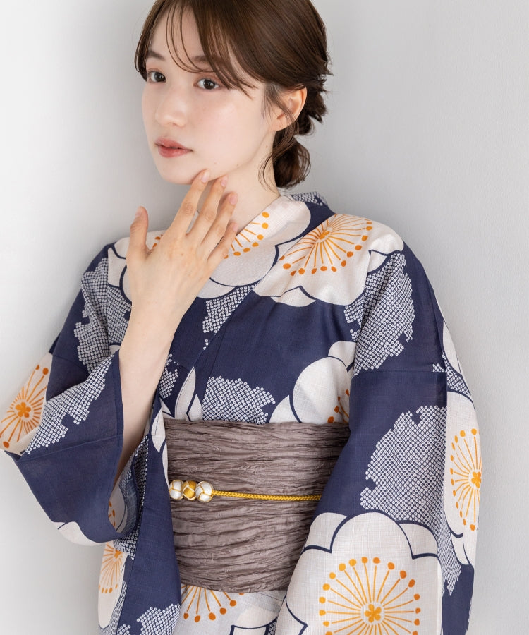 青紺の梅づくし こだわりセパレート浴衣５点セット (セパレート上・下/帯/下駄/着付け冊子)