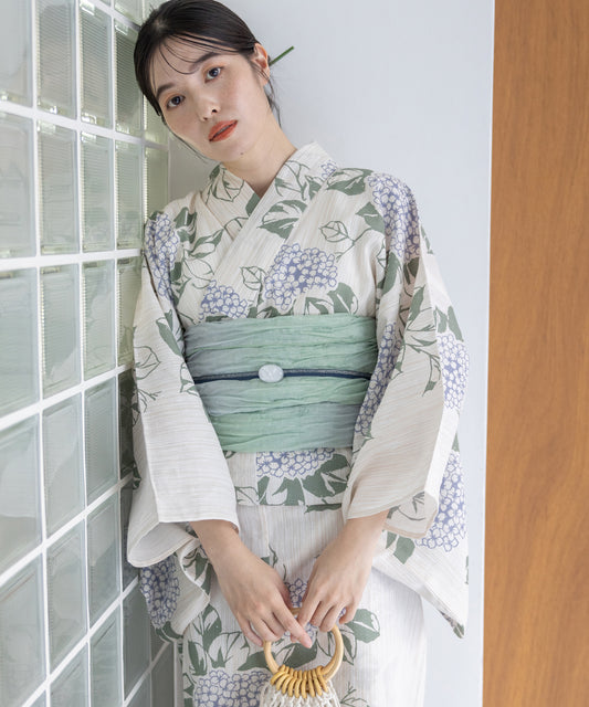 こだわり浴衣 5点セット (浴衣/帯/下駄/腰紐/着付け冊子) 麻混 綿麻 楊柳生地 サックスブルー グリーン 紫陽花 アジサイ