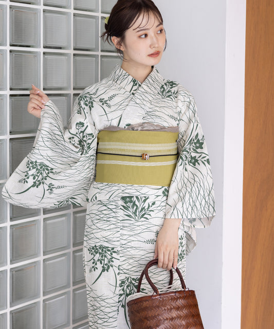 こだわり浴衣5点セット (浴衣/帯/下駄/腰紐/着付け冊子) 麻混 綿麻 楊柳生地 グリーン 緑