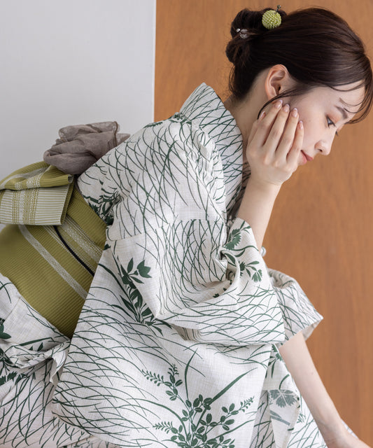 こだわり浴衣5点セット (浴衣/帯/下駄/腰紐/着付け冊子) 麻混 綿麻 楊柳生地 グリーン 緑