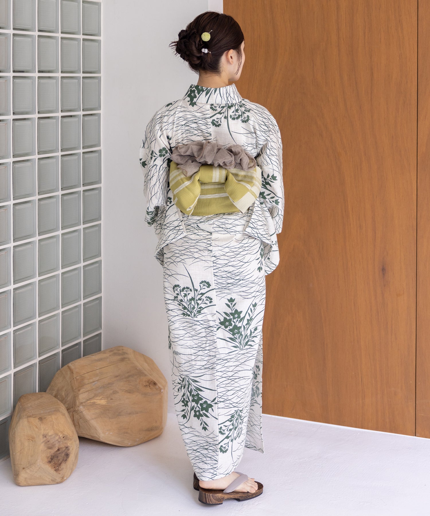 こだわり浴衣5点セット (浴衣/帯/下駄/腰紐/着付け冊子) 麻混 綿麻 楊柳生地 グリーン 緑
