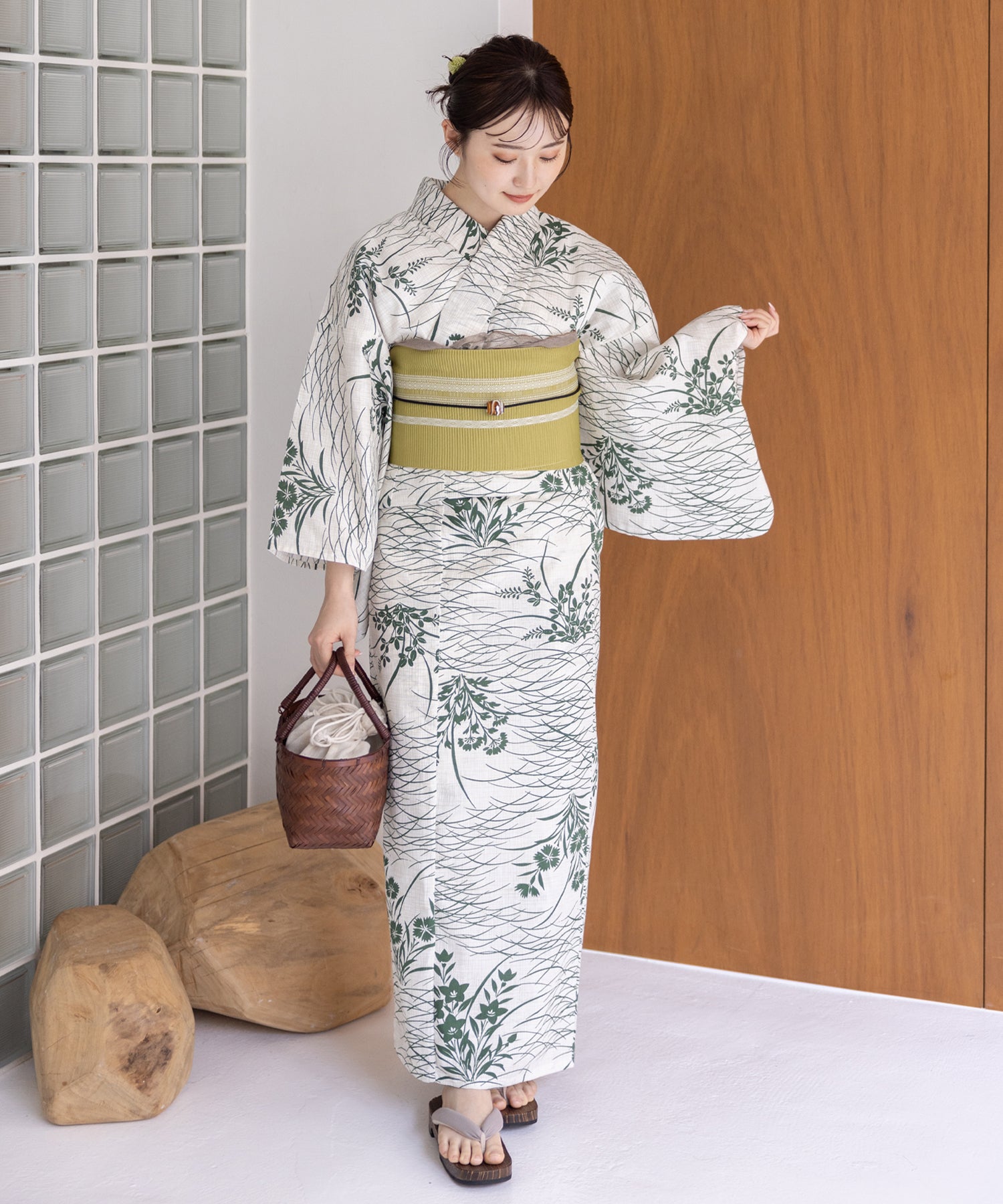 こだわり浴衣5点セット (浴衣/帯/下駄/腰紐/着付け冊子) 麻混 綿麻 楊柳生地 グリーン 緑