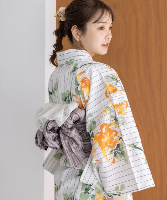 こだわり浴衣5点セット (浴衣/帯/下駄/腰紐/着付け冊子) 麻混 綿麻 楊柳生地 グリーン オレンジ ストライプ 縦縞