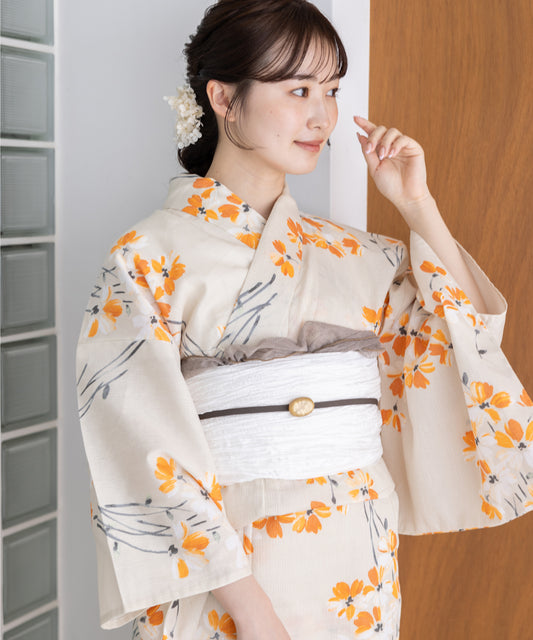 こだわり浴衣5点セット (浴衣/帯/下駄/腰紐/着付け冊子) 麻混 綿麻 楊柳生地 ベージュ オレンジ 小花