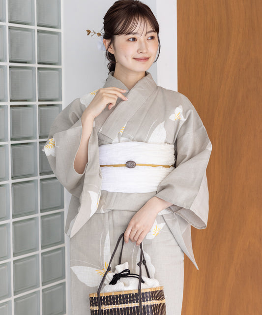こだわり浴衣5点セット (浴衣/帯/下駄/腰紐/着付け冊子) 麻混 綿麻 楊柳生地 ベージュ 蝶々