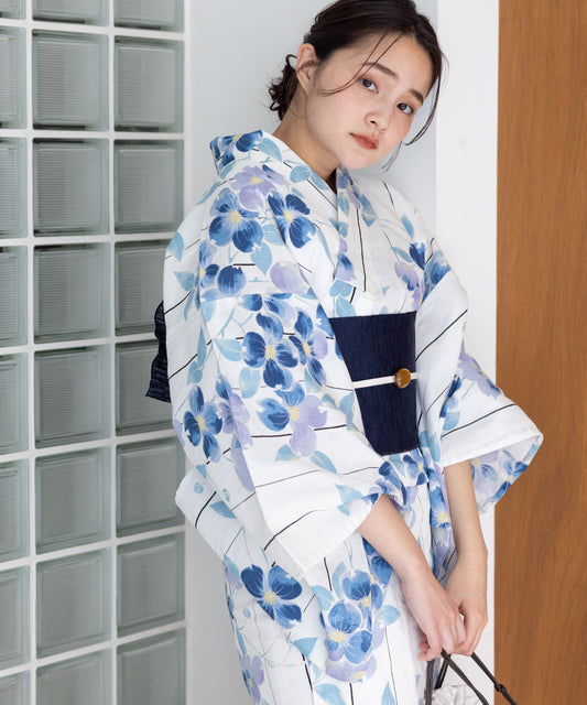 こだわり浴衣5点セット (浴衣/帯/下駄/腰紐/着付け冊子) 浴衣 レディース 浴衣 セット 麻混 綿麻 ストライプ 縦縞 縞 百合 ゆり ブルー