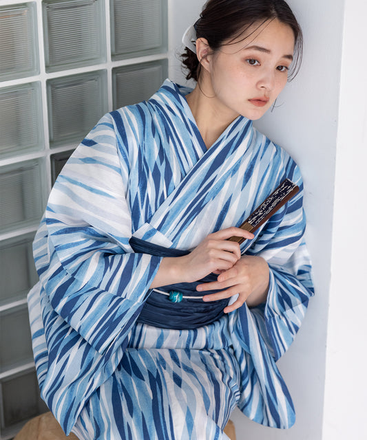 こだわり浴衣5点セット (浴衣/帯/下駄/腰紐/着付け冊子) 浴衣 レディース 浴衣 セット 麻混 綿麻 よろけ よろけ縞 ブルー