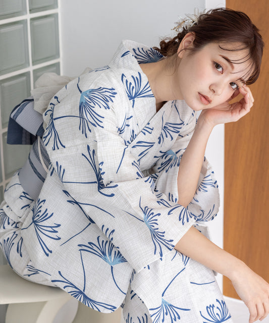 こだわり浴衣 5点セット (浴衣/帯/下駄/腰紐/着付け冊子) 浴衣 レディース 浴衣 セット 麻混 綿麻 ホワイト系 ブルー
