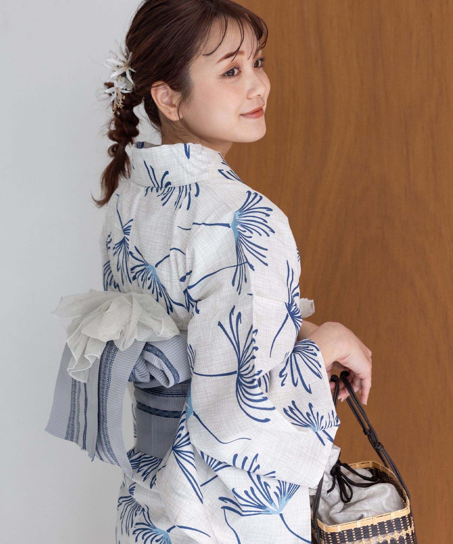 こだわり浴衣 5点セット (浴衣/帯/下駄/腰紐/着付け冊子) 浴衣 レディース 浴衣 セット 麻混 綿麻 ホワイト系 ブルー