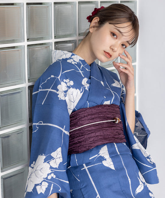 こだわり浴衣5点セット (浴衣/帯/下駄/腰紐/着付け冊子) 麻混 綿麻 楊柳生地 ブルー 笹