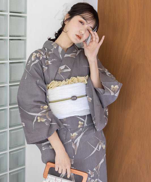 こだわり浴衣5点セット (浴衣/帯/下駄/腰紐/着付け冊子) 麻混 綿麻 楊柳生地 グレー