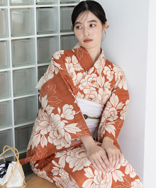 こだわり浴衣5点セット (浴衣/帯/下駄/腰紐/着付け冊子) 麻混 綿麻 楊柳生地 オレンジ 芍薬