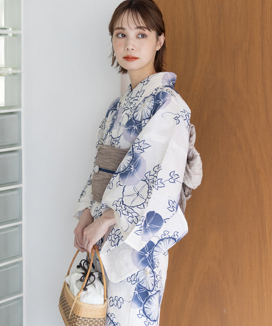 こだわり浴衣5点セット (浴衣/帯/下駄/腰紐/着付け冊子) 変わり織生地 ブルー ホワイト系 朝顔 アサガオ あさがお