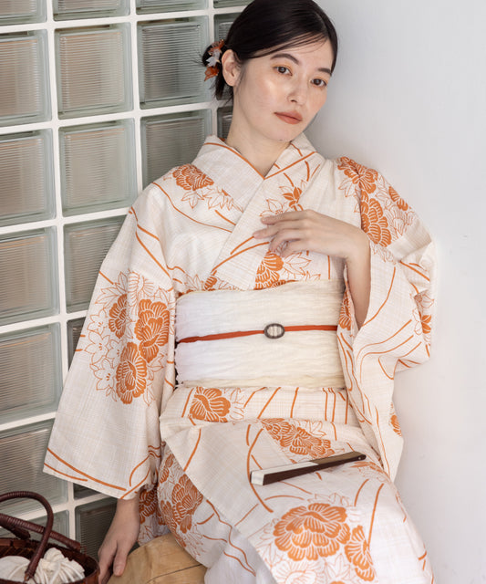 こだわり 浴衣 5点セット (浴衣/帯/下駄/腰紐/着付け冊子) 浴衣 レディース 浴衣 セット オレンジ