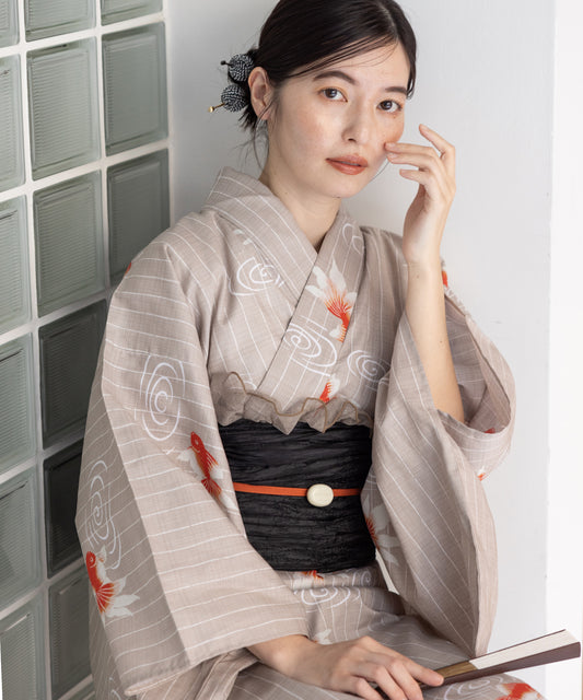 こだわり 浴衣 5点セット (浴衣/帯/下駄/腰紐/着付け冊子) 浴衣 レディース 浴衣 セット ベージュ 金魚 ストライプ 縦縞 縞