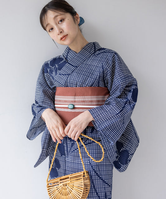 こだわり浴衣5点セット (浴衣/帯/下駄/腰紐/着付け冊子) 変わり織生地 ブルー 菖蒲 格子