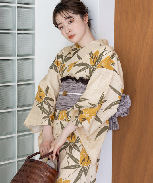 こだわり 浴衣 5点セット (浴衣/帯/下駄/腰紐/着付け冊子) 浴衣 レディース 浴衣 セット ベージュ イエロー 蘭 蘭の花