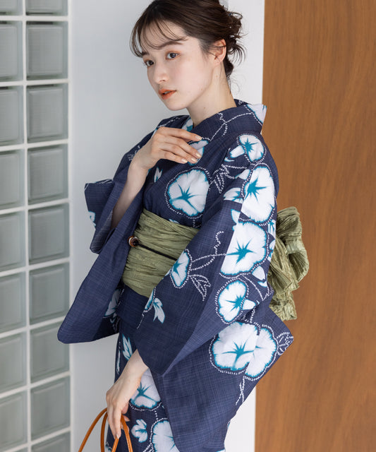 こだわり 浴衣 5点セット (浴衣/帯/下駄/腰紐/着付け冊子) 浴衣 レディース 浴衣 セット紺ネイビー朝顔
