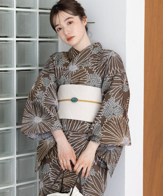 こだわり浴衣 5点セット (浴衣/帯/下駄/腰紐/着付け冊子) 浴衣 レディース 浴衣 セット ブラウン 菊