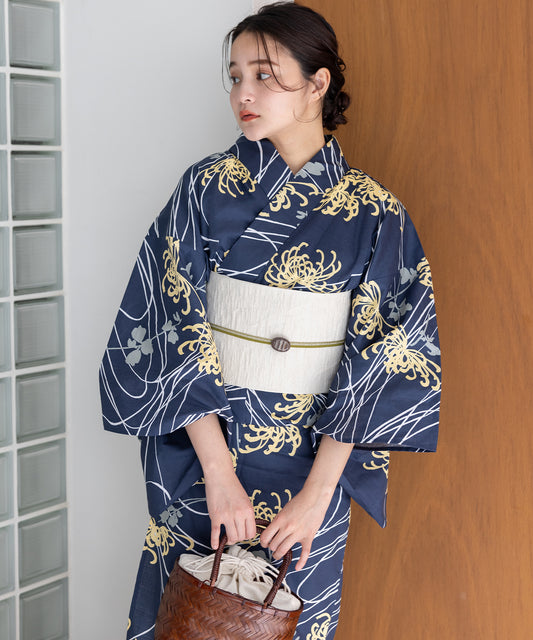 こだわり浴衣 5点セット (浴衣/帯/下駄/腰紐/着付け冊子) 浴衣 レディース 浴衣 セット 紺 ネイビー イエロー 菊