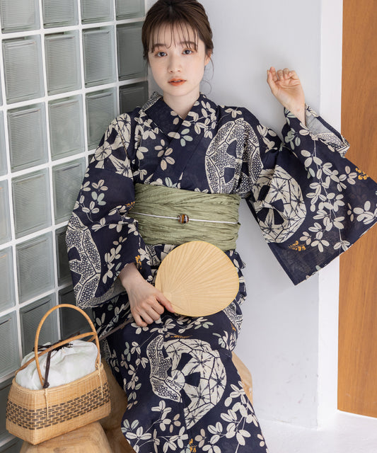 こだわり浴衣5点セット(浴衣/帯/下駄/腰紐/着付け冊子) 麻混 綿麻 先染め 生成 ブルー