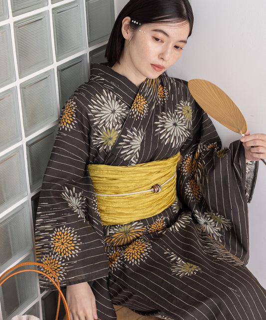 こだわり浴衣5点セット(浴衣/帯/下駄/腰紐/着付け冊子) 麻混 綿麻 先染め 生成 ブラック 黒 花火 ストライプ 縦縞