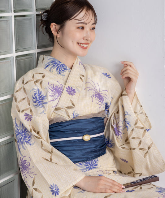 こだわり浴衣5点セット(浴衣/帯/下駄/腰紐/着付け冊子) 麻混 綿麻 先染め 生成 ブルー パープル 菊 七宝