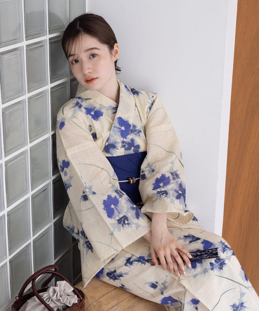 こだわり浴衣5点セット(浴衣/帯/下駄/腰紐/着付け冊子) 麻混 綿麻 先染め 生成 ブルー あざみ