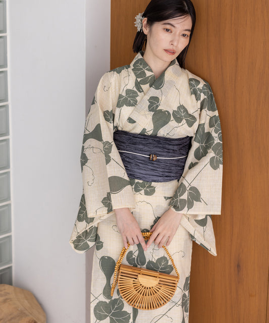 こだわり浴衣5点セット(浴衣/帯/下駄/腰紐/着付け冊子) 麻混 綿麻 先染め 生成 グリーン 瓢箪