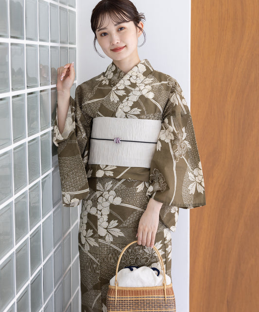 こだわり浴衣5点セット(浴衣/帯/下駄/腰紐/着付け冊子) 麻混 綿麻 先染め 生成 ベージュ 牡丹