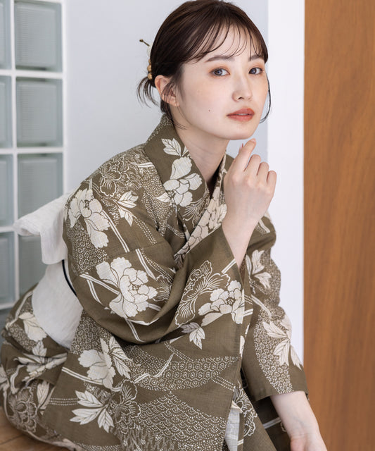 こだわり浴衣5点セット(浴衣/帯/下駄/腰紐/着付け冊子) 麻混 綿麻 先染め 生成 ベージュ 牡丹