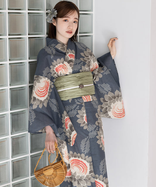 こだわり浴衣5点セット (浴衣/帯/下駄/腰紐/着付け冊子) 麻混 綿麻 生成 グレー 向日葵 ヒマワリ ひまわり