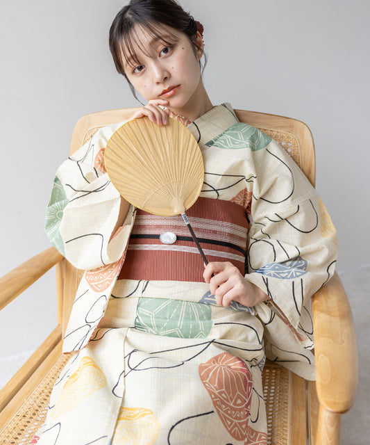 こだわり浴衣5点セット (浴衣/帯/下駄/腰紐/着付け冊子) 麻混 綿麻 先染め 生成 毬 マリ まり