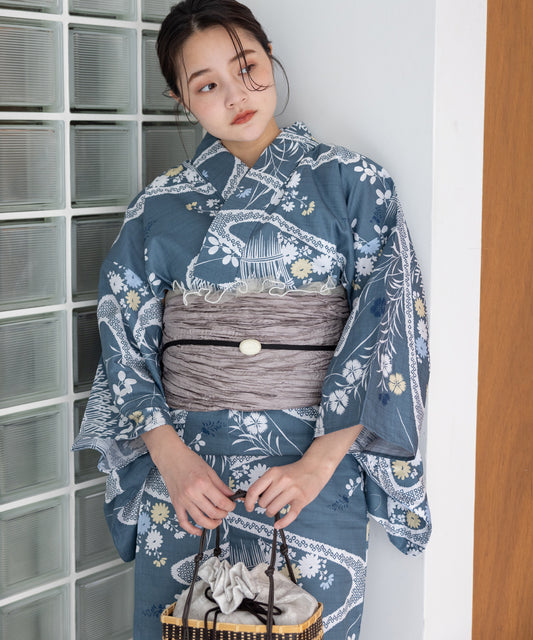 こだわり浴衣5点セット (浴衣/帯/下駄/腰紐/着付け冊子) 浴衣 レディース 浴衣 セット 変わり織生地 ブルー 古典