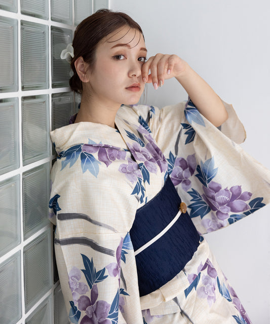 こだわり浴衣5点セット (浴衣/帯/下駄/腰紐/着付け冊子) 浴衣 レディース 浴衣 セット 変わり織生地 ホワイト系 ブルー パープル