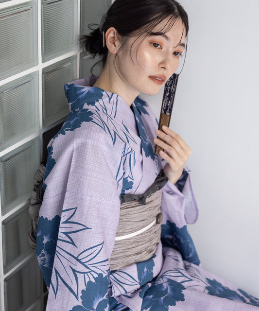 こだわり浴衣5点セット (浴衣/帯/下駄/腰紐/着付け冊子) 浴衣 レディース 浴衣 セット 変わり織生地 パープル ラベンダー ブルー
