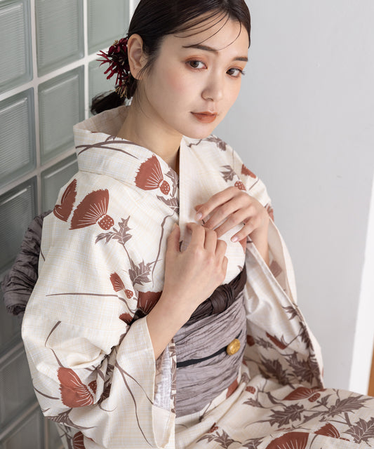 こだわり浴衣5点セット (浴衣/帯/下駄/腰紐/着付け冊子) ※プリーツ兵児帯は別売り ベージュ オレンジ アザミ