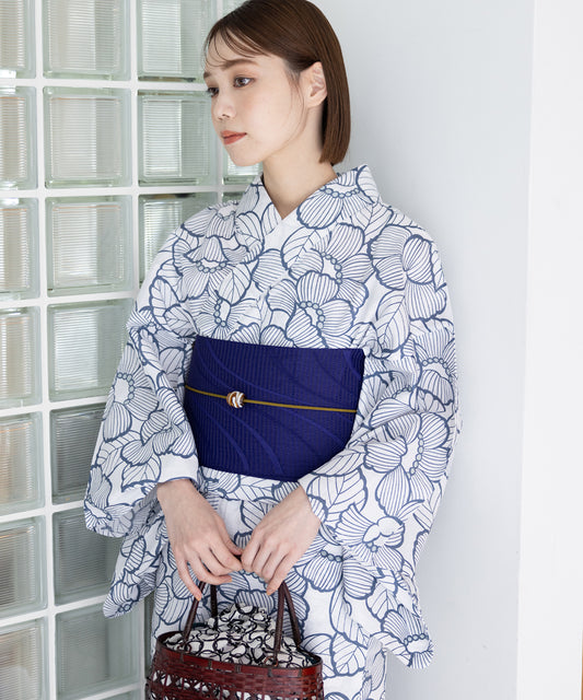 こだわり浴衣5点セット (浴衣/帯/下駄/腰紐/着付け冊子) 変わり織生地 ホワイト系 ブルー