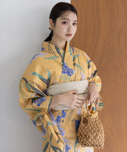 こだわり浴衣5点セット (浴衣/帯/下駄/腰紐/着付け冊子) 変わり織生地 黄色 イエロー 菖蒲 あやめ しょうぶ